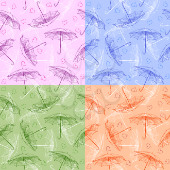 Set of seamless patterns with hand-drawn umbrellas