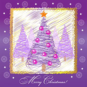 Christmas card illustration with violet christmas tree