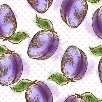 Seamless pattern with plum. Painted in watercolor style