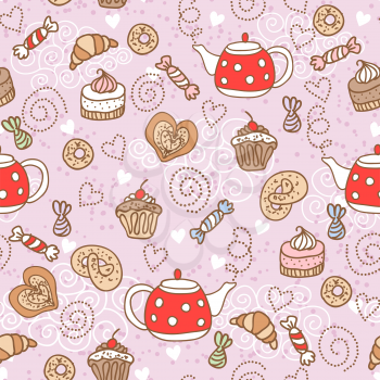 Seamless pattern with a teapots and many delicious sweets