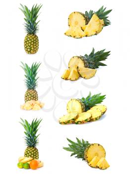 set fresh pineapple fruits with cut isolated on white