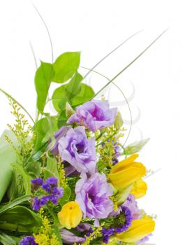 fragment of colorful bouquet of roses, tulips and freesia isolated on white background