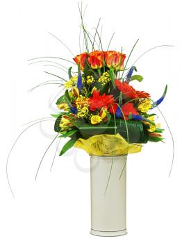 Colorful bouquet from roses and gerbera flowers isolated on white background. Closeup.
