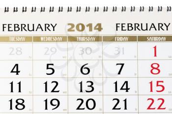 Calendar page on February 2014. Closeup.