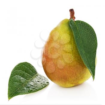 Pear with green leaves isolated on white background. Closeup.