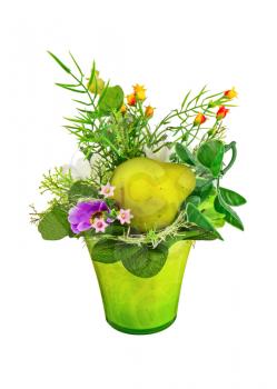 Bouquet from artificial flowers and fruits arrangement centerpiece in vase isolated on white background.