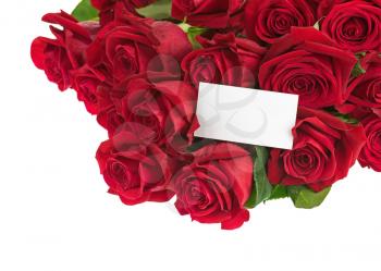 Flower Bouquet from Red Roses and Greeting Card with Place for Your Text Isolated on White Background. Closeup.
