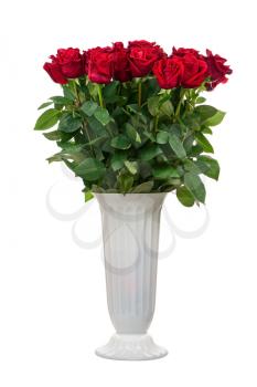 Flower bouquet from red roses in vase isolated on white background. Closeup.