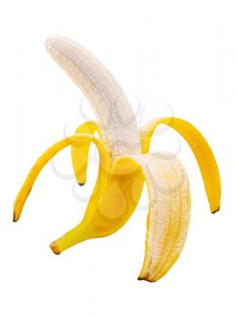 Open banana isolated on white background. Closeup.