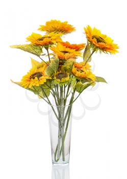 Composition from bright artificial sunflowers in glass vase isolated on white background. Closeup.
