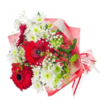 Colorful flower bouquet in red paper isolated on white background. Closeup.