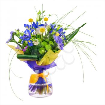 Flower bouquet from roses, green carnation, iris and statice flowers in glass vase isolated on white background. Closeup.