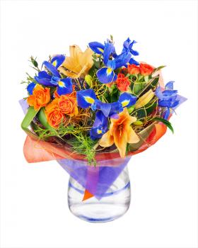 Flower bouquet from roses, lilies, iris  and other flowers in glass vase isolated on white background.