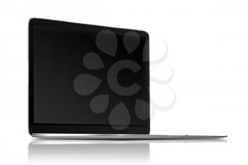 Modern glossy laptop with black screen, reflection and shadows isolated on white background. Highly detailed illustration.