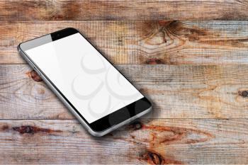 Realistic mobile phone with blank screen on wooden background. Highly detailed illustration.