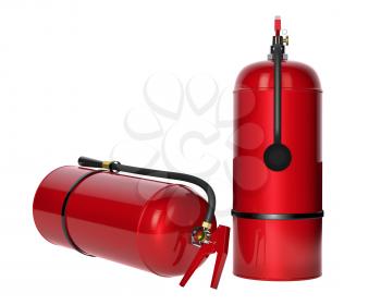 Fire extinguishers isolated on white background. Detailed illustration. 3D rendering.