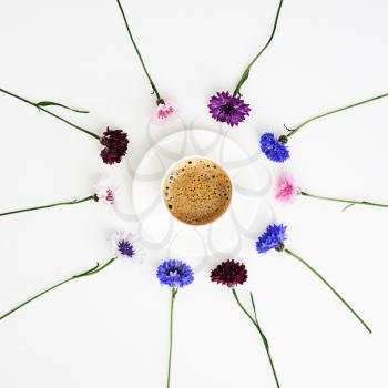 Cup  of coffee with pattern from petals of wildflowers on white background. Overhead view. Flat lay.