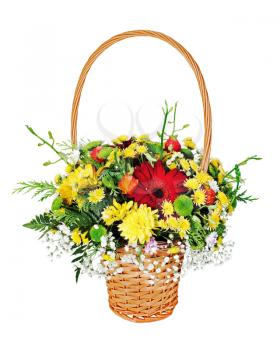 Colorful flower bouquet arrangement centerpiece in wicker gift basket isolated on white background.

