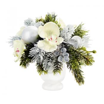 Christmas arrangement of Christmas balls, orchids, snowflakes, beads and pine branches isolated on white background.