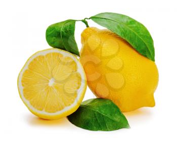 Fresh lemon citrus with cut and green leaves isolated on white background.