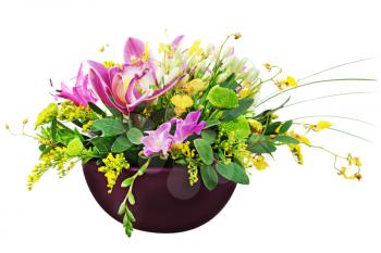 Bouquet from orchids and lilies in vase isolated on white background. Closeup.
