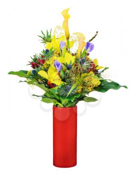 Colorful flower bouquet arrangement centerpiece in vase isolated on white background. Closeup.