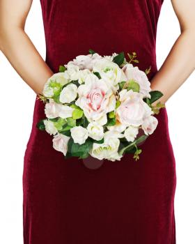 Beautiful wedding bouquet from white and pink roses in hands of bride.