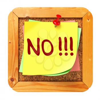 NO!!!, Yellow Sticker on Cork Bulletin or Message Board. Business Concept. 3D Render.