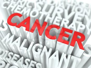 Cancer Background Design. Word of Red Color Located over Word Cloud of White Color.
