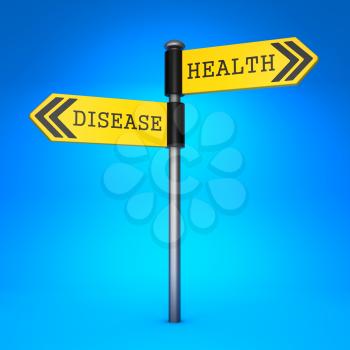 Yellow Two-Way Direction Sign with the Words Health and Disease on Blue Background. Concept of Choice.