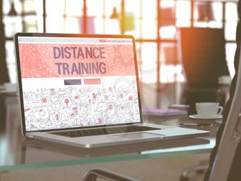 Distance Training Concept - Closeup on Landing Page of Laptop Screen in Modern Office Workplace. Toned Image with Selective Focus. 3d Render.