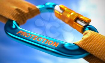 Strong Connection between Blue Carabiner and Two Orange Ropes Symbolizing the Protection. Selective Focus. 3d Render.