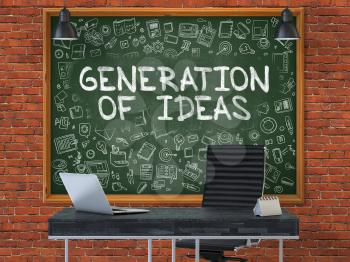 Generation of Ideas Concept Handwritten on Green Chalkboard with Doodle Icons. Office Interior with Modern Workplace. Red Brick Wall Background. 3D.