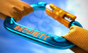 Security on Blue Carabine with a Orange Ropes. Selective Focus. 3D Render.