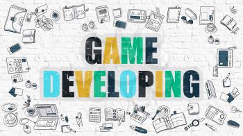 Game Developing - Multicolor Concept with Doodle Icons Around on White Brick Wall Background. Modern Illustration with Elements of Doodle Design Style.