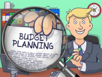 Budget Planning on Paper in Businessman's Hand to Illustrate a Business Concept. Closeup View through Magnifier. Multicolor Doodle Style Illustration.