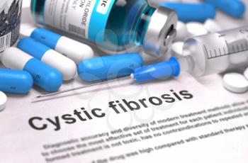 Diagnosis - Cystic Fibrosis. Medical Report with Composition of Medicaments - Blue Pills, Injections and Syringe. Blurred Background with Selective Focus. 3D Render.