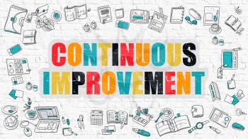 Continuous Improvement Concept. Modern Line Style Illustration. Multicolor Continuous Improvement Drawn on White Brick Wall. Doodle Icons. Doodle Design Style of Continuous Improvement Concept.