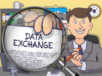 Data Exchange through Magnifier. Man Holding a Paper with Text. Closeup View. Colored Modern Line Illustration in Doodle Style.
