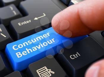 Consumer Behaviour Concept. Person Click on Blue Keyboard Button with Consumer Behaviour. Selective Focus. Closeup View. 3D Render.