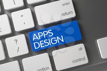 Modern Laptop Keyboard Keypad Labeled Apps Design. Apps Design Concept. White Keyboard with Apps Design on Blue Enter Button Background, Selected Focus. 3D Illustration.