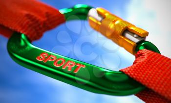 Green Carabiner between Red Ropes on Sky Background, Symbolizing the Sport. Selective Focus. 3D Render.
