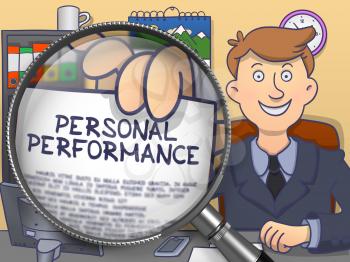 Personal Performance. Man in Office Holding through Magnifier Paper with Text. Colored Doodle Illustration.
