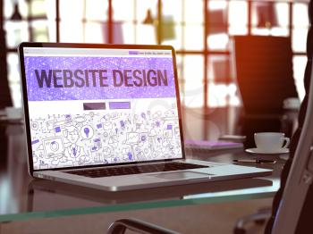Website Design Concept. Closeup Landing Page on Laptop Screen in Doodle Design Style. On Background of Comfortable Working Place in Modern Office. Blurred, Toned Image. 3D Render.