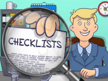 Checklists on Paper in Businessman's Hand through Lens to Illustrate a Business Concept. Multicolor Doodle Style Illustration.