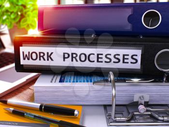 Work Processes - Black Ring Binder on Office Desktop with Office Supplies and Modern Laptop. Work Processes Business Concept on Blurred Background. Work Processes - Toned Illustration. 3D Render.