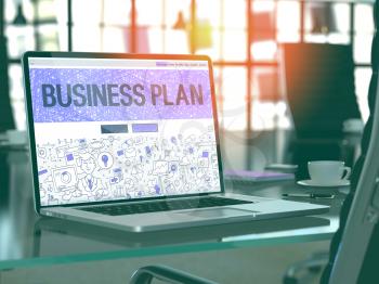 Business Plan Concept. Closeup Landing Page on Laptop Screen in Doodle Design Style. On Background of Comfortable Working Place in Modern Office. Blurred, Toned Image. 3D Render.