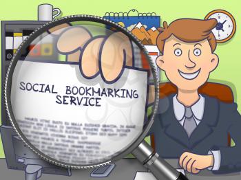 Social Bookmarking Service. Businessman Welcomes in Office and Showing a Text on Paper Social Bookmarking Service. Closeup View through Lens. Multicolor Doodle Style Illustration.