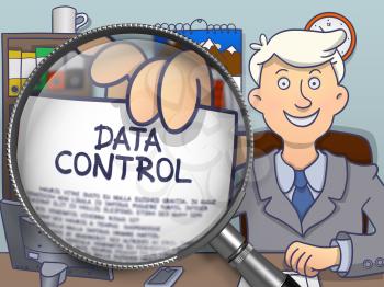 Data Control on Paper in Man's Hand to Illustrate a Business Concept. Closeup View through Lens. Multicolor Doodle Style Illustration.