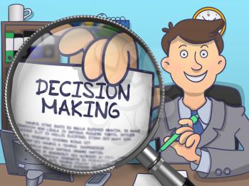 Officeman in Office Shows Text on Paper Decision Making. Closeup View through Magnifying Glass. Multicolor Doodle Illustration.